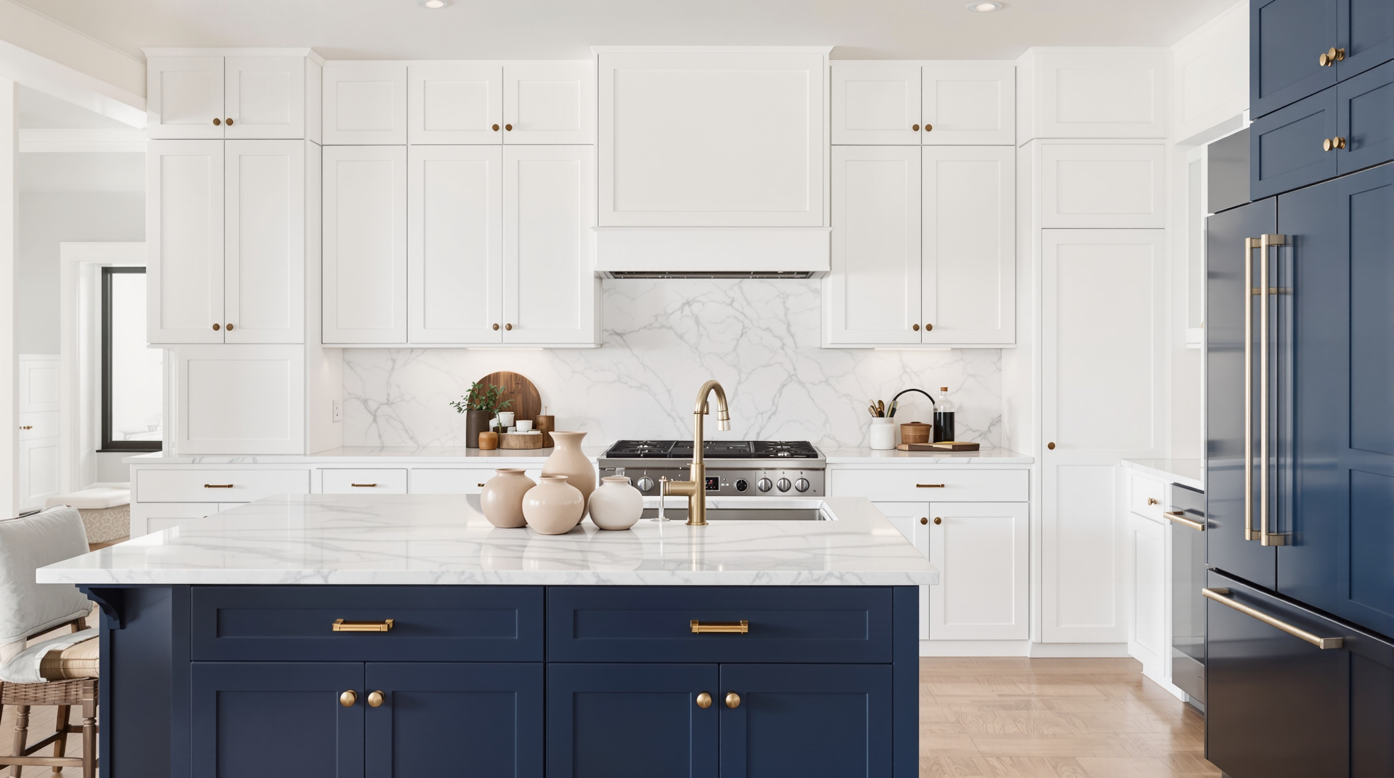 White and navy cabinet colors coordinated with stone countertops and brass hardware