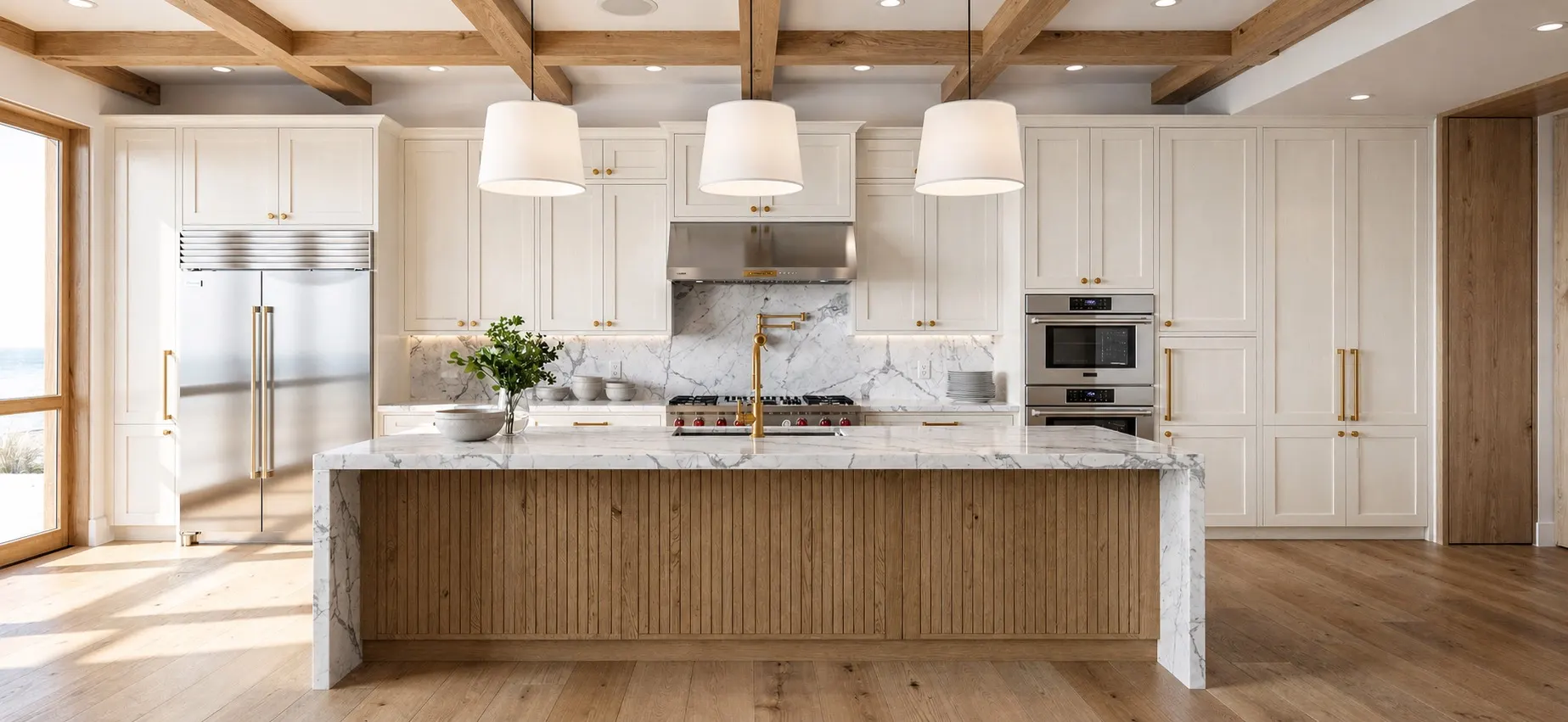 The Woodlands kitchen with alabaster cabinets and brushed gold hardware