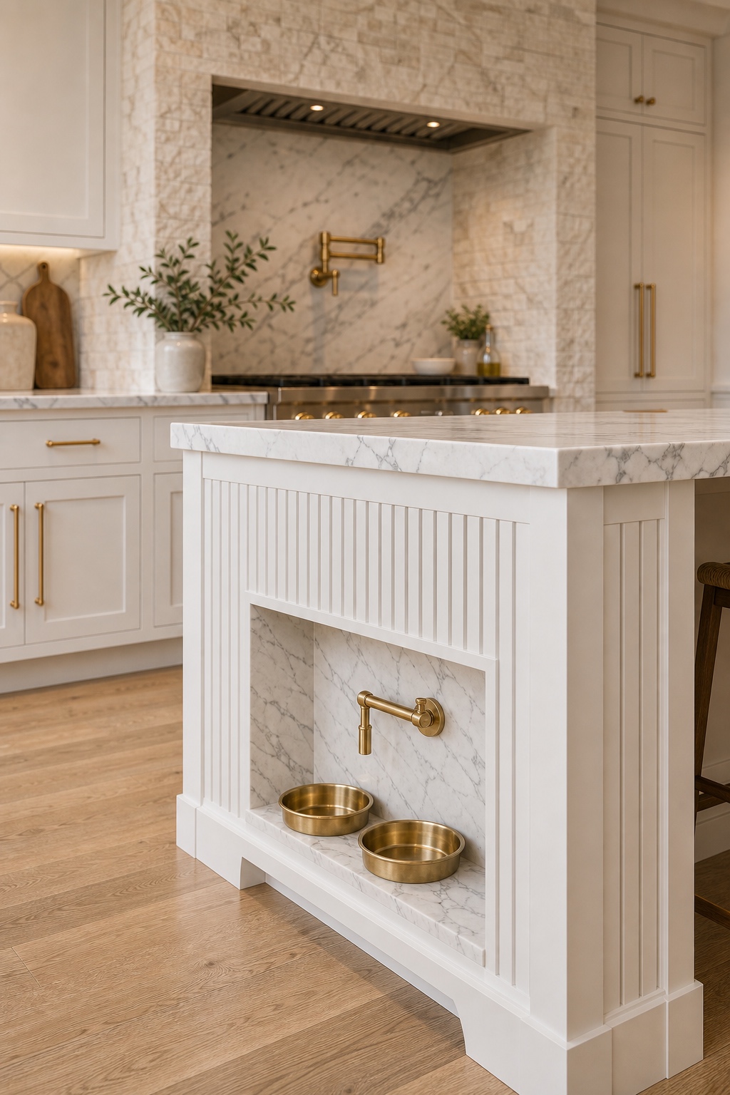 Custom pet station built into a finished kitchen island