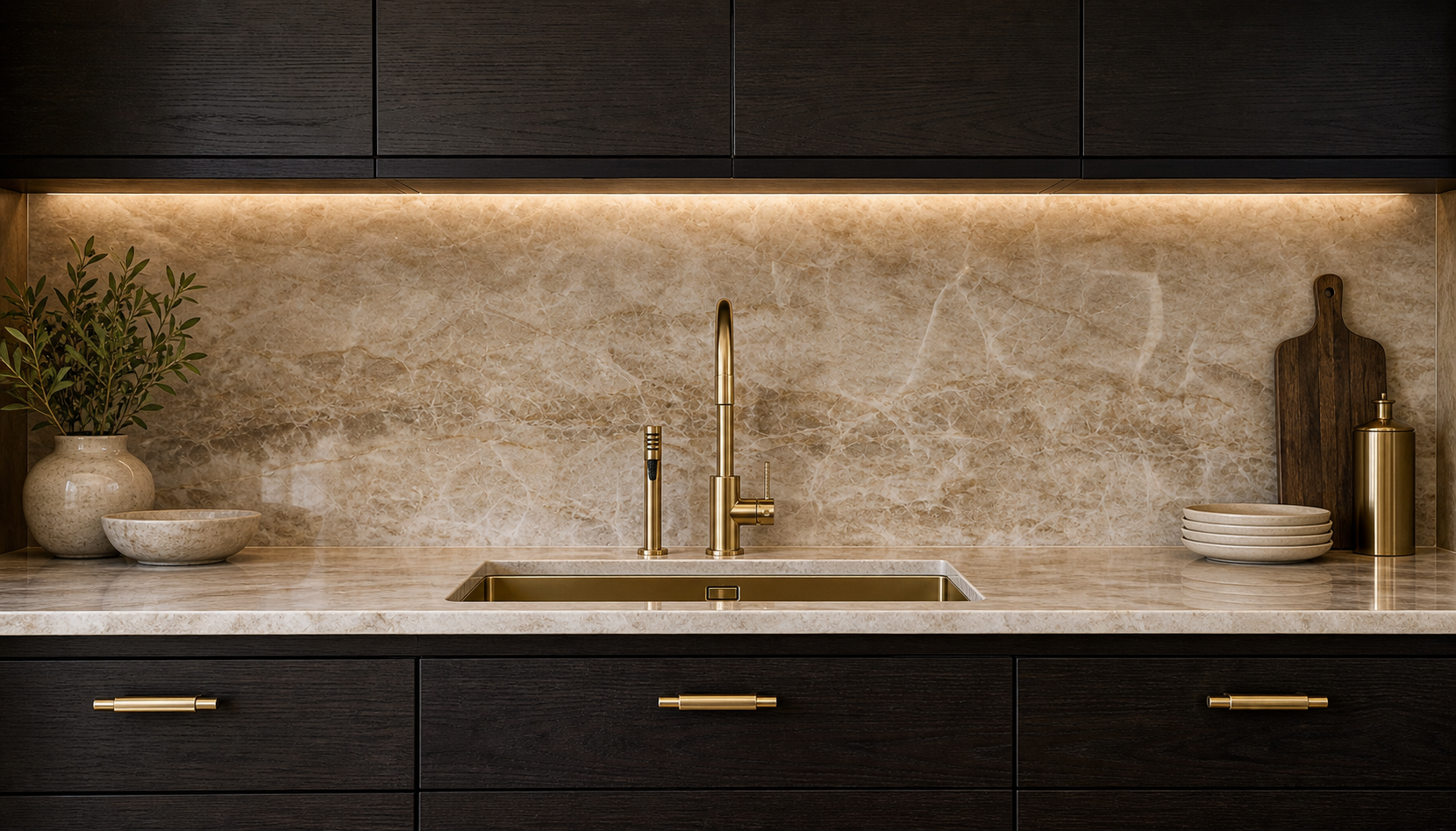 Light stone countertop and full-height slab backsplash in a finished kitchen