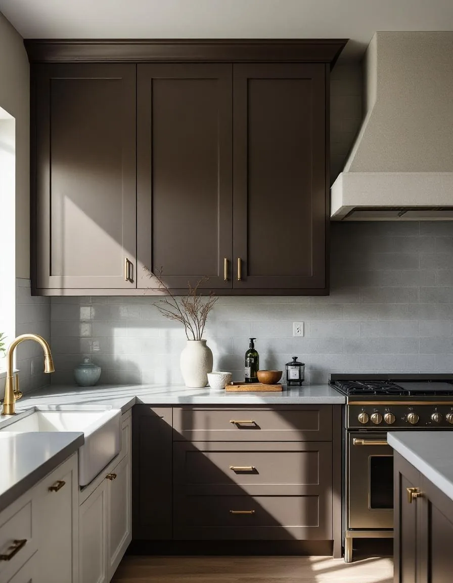 Urbane Bronze kitchen with antique brass cup pulls in River Oaks