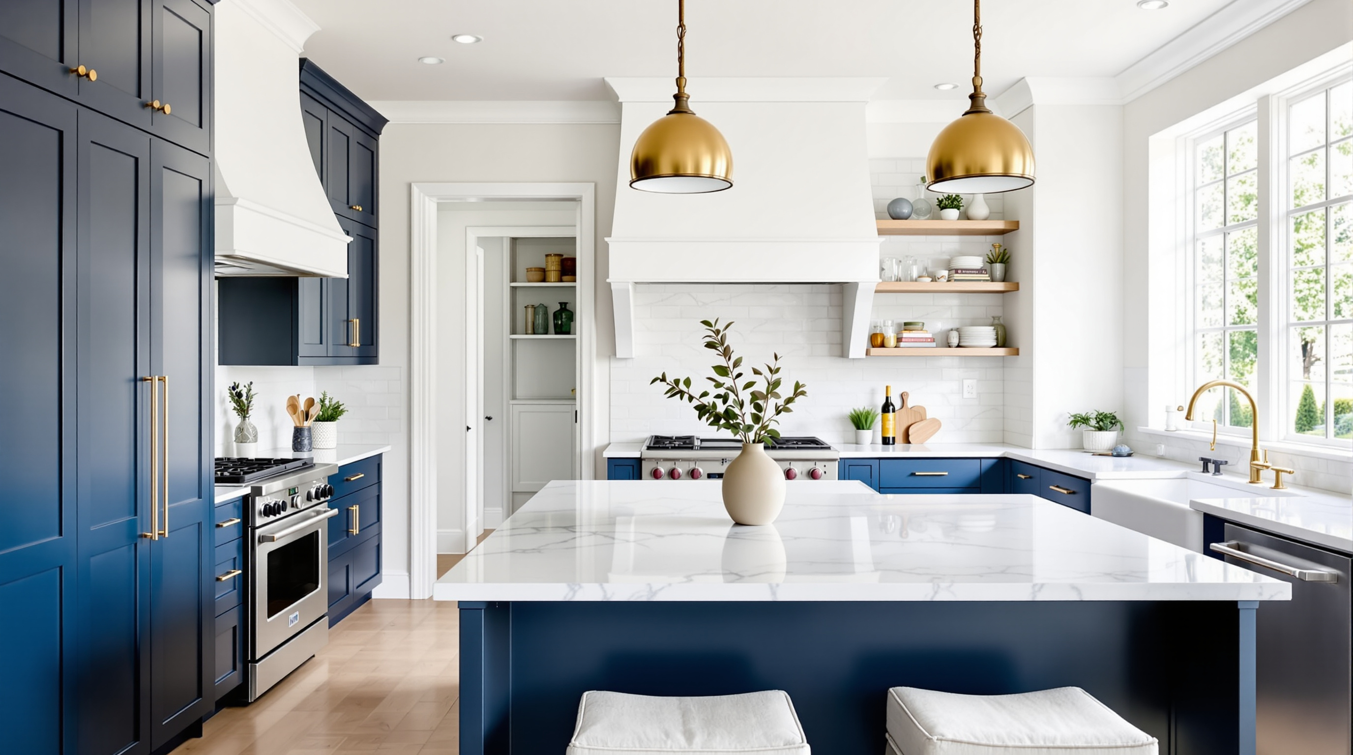 Hale Navy shaker kitchen with brushed brass globe pendants and Calacatta marble