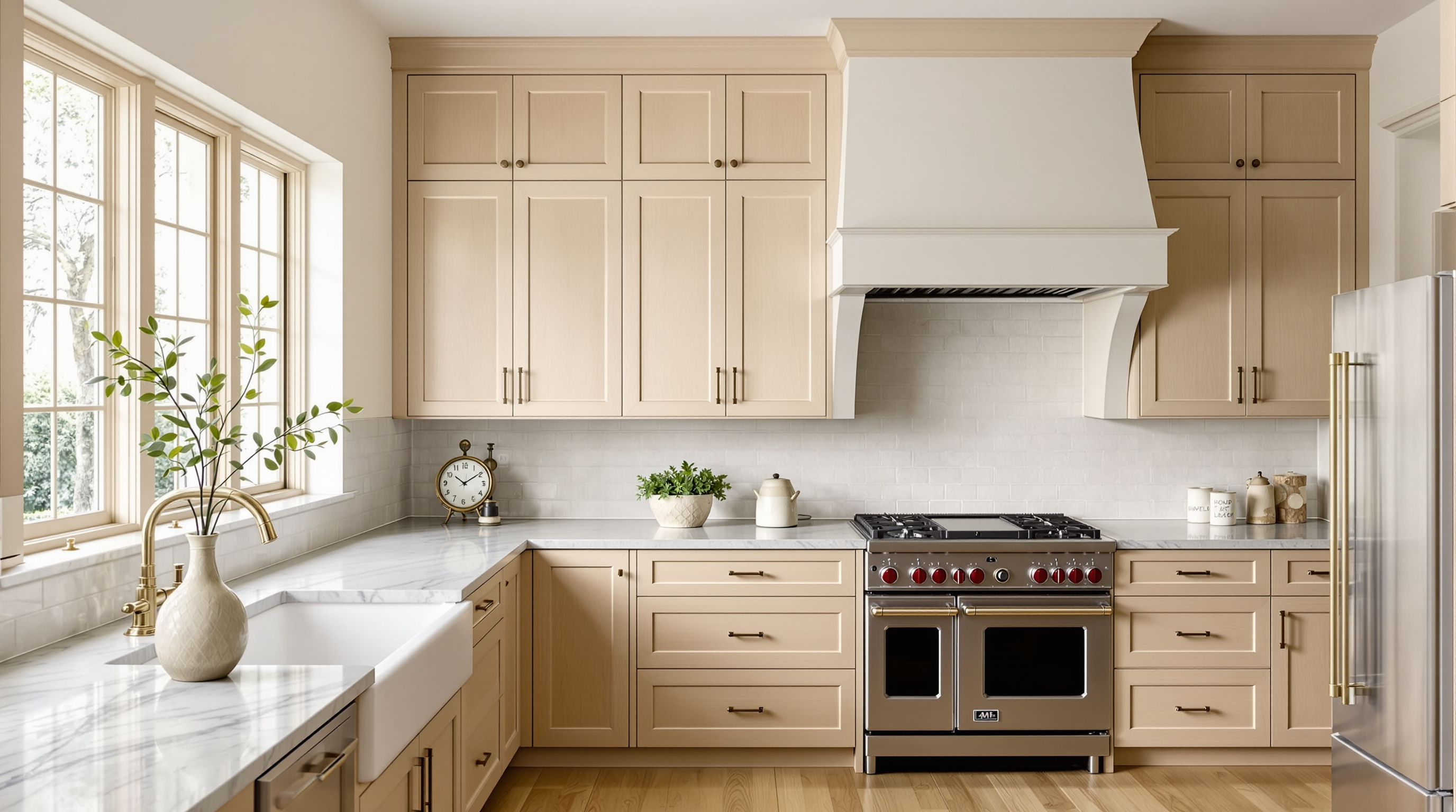 Natural-stained white oak shaker kitchen with brass hardware