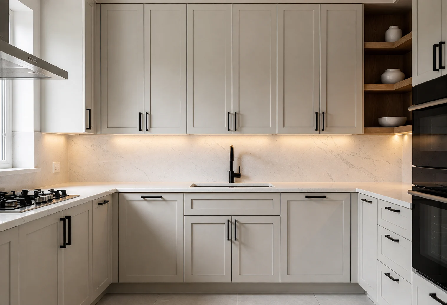 Warm white shaker kitchen with stone surfaces and black hardware