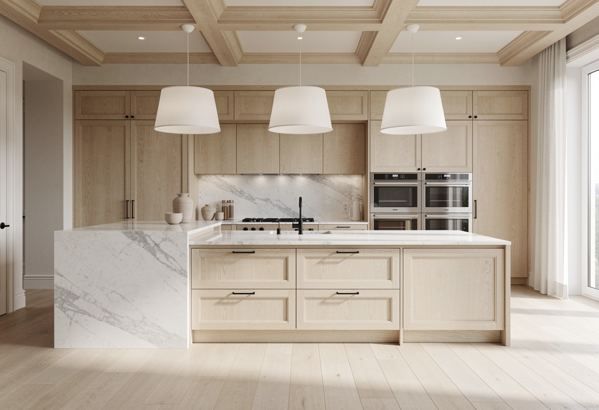 Cabinet finish and stone countertop detail viewed together