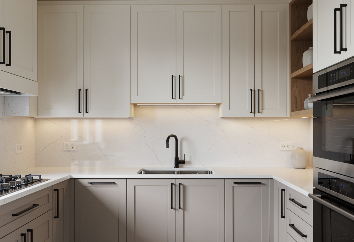 Finished kitchen cabinetry with aligned dark pulls and knobs