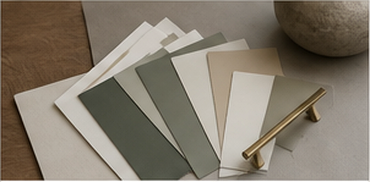 Warm white, greige, sage, and charcoal finish samples with brass hardware