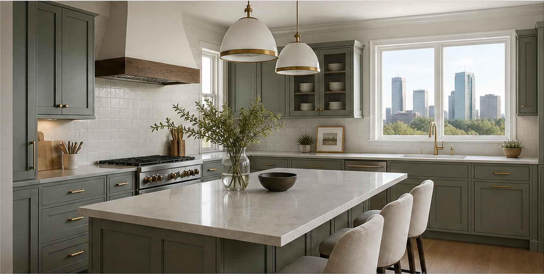 Muted green finished kitchen with a light stone island and the Houston skyline beyond