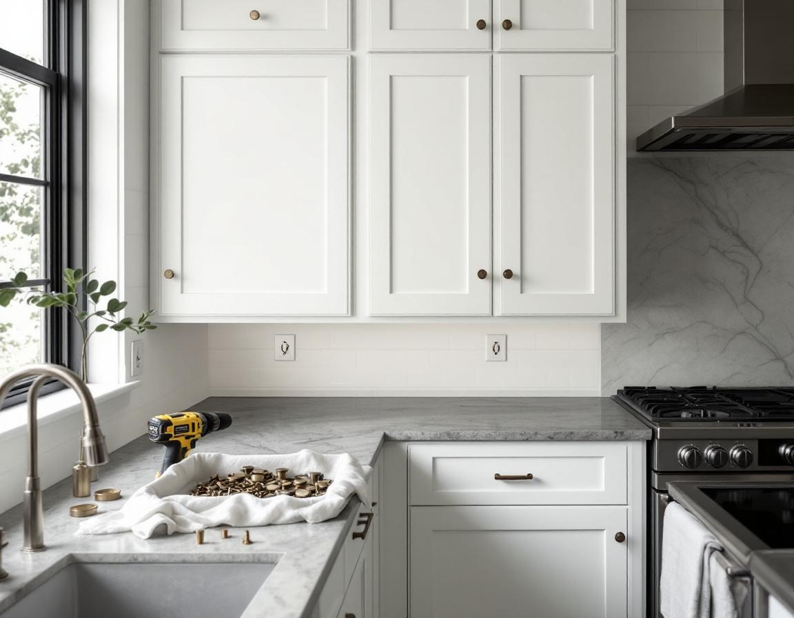 Cabinet doors and tools prepared for a refacing project