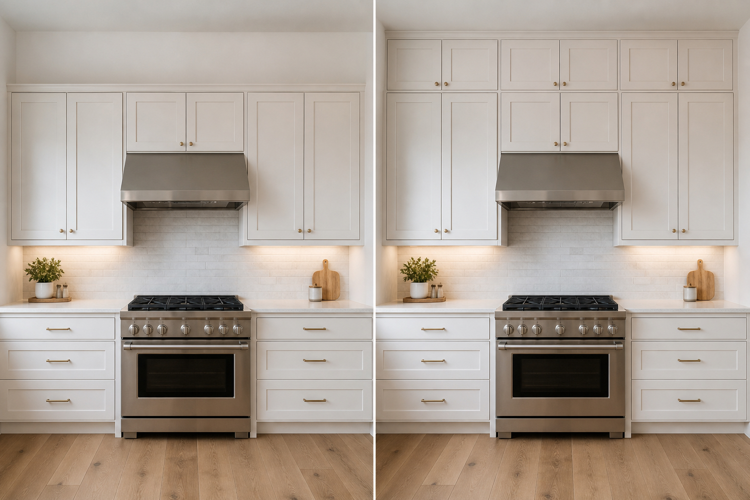 Wall cabinet run with an open top gap beside the same run extended toward the ceiling