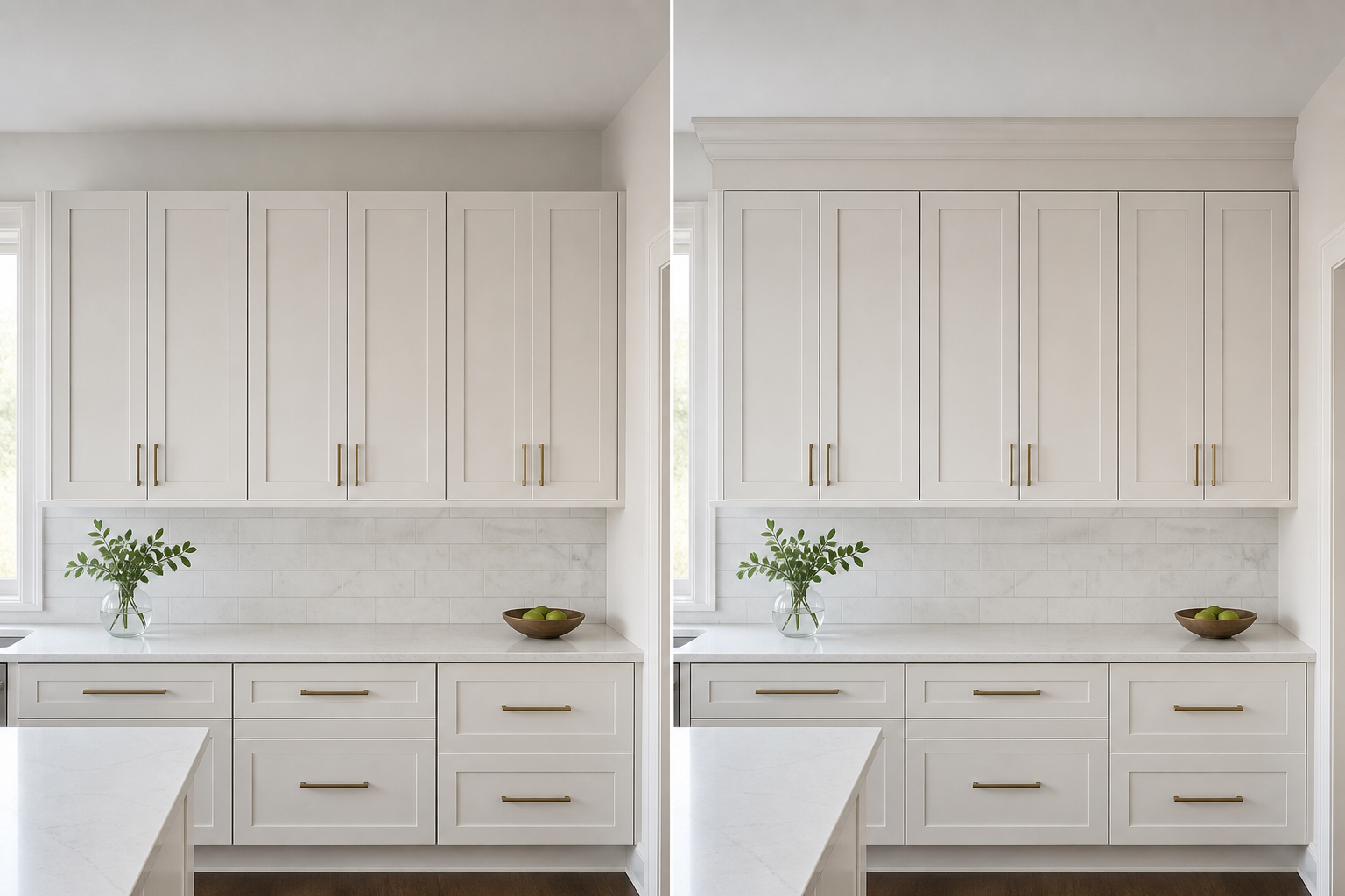 Wall cabinets without top trim beside the same cabinet run finished with crown molding