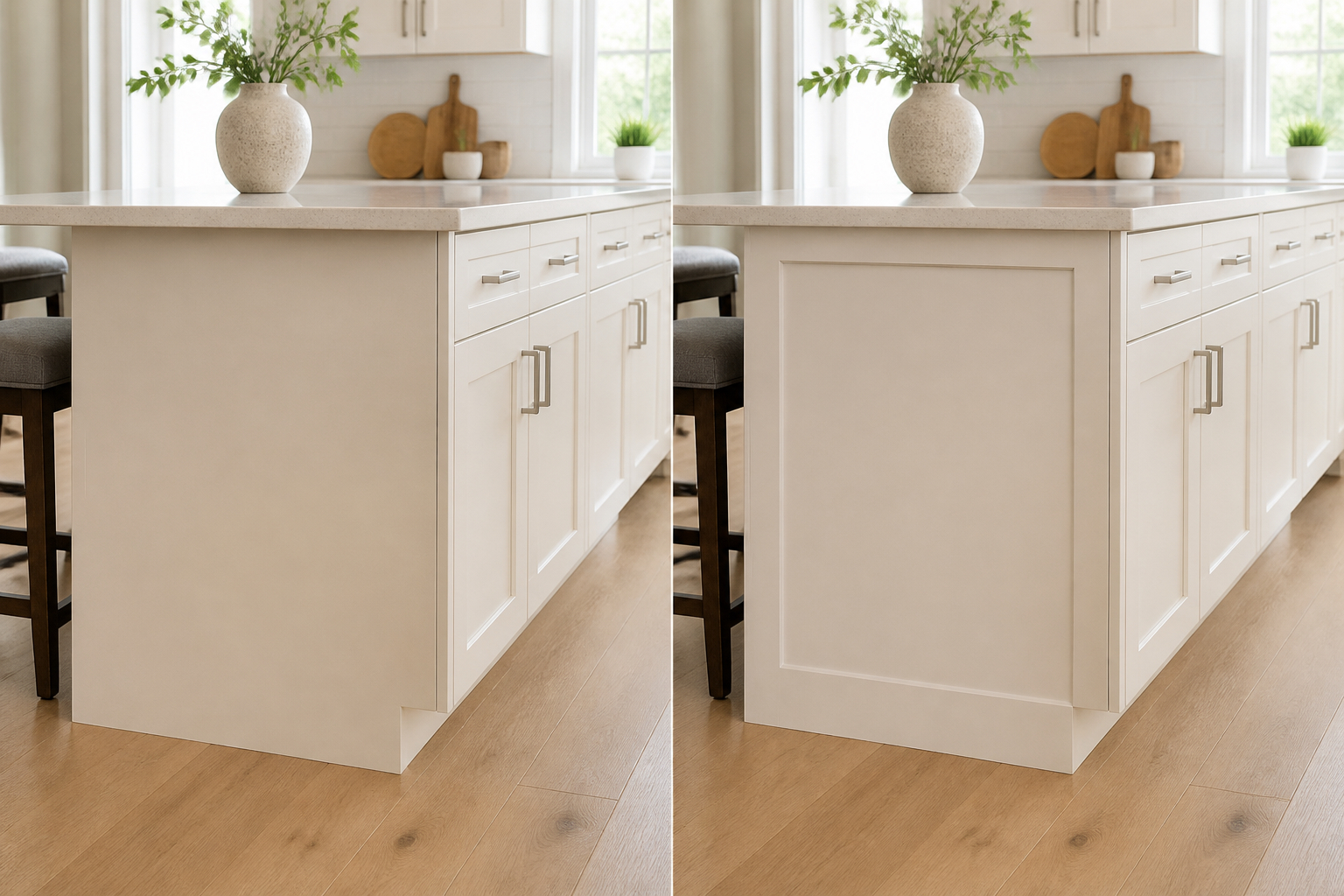 Plain exposed cabinet side beside the same cabinet finished with a decorative end panel