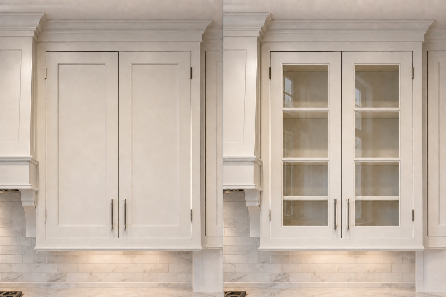 Plain upper cabinet beside the same cabinet configured as a divided glass display