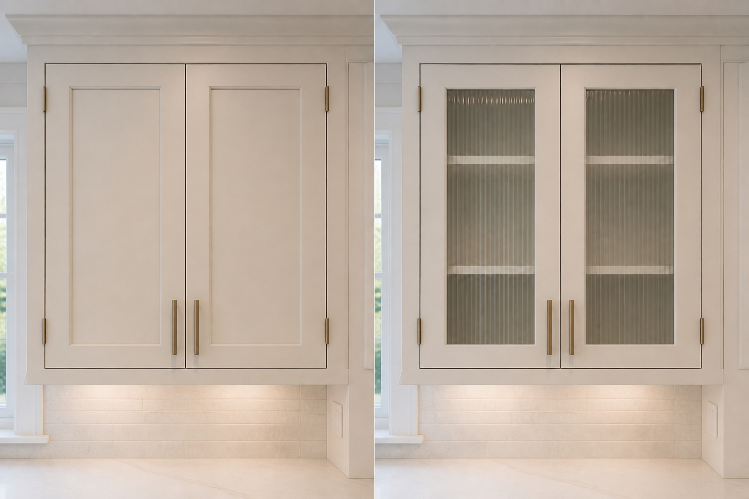 Upper cabinet with solid door panels beside the same cabinet fitted with glass inserts