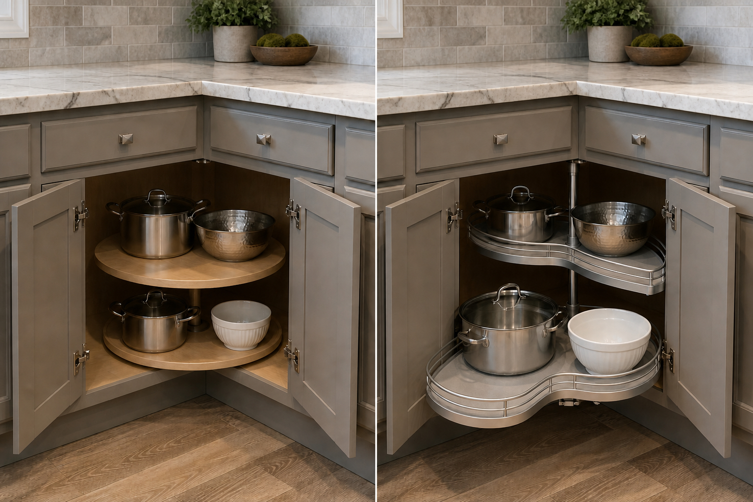 Corner base cabinet with dated storage beside the same cabinet fitted with an updated rotating shelf