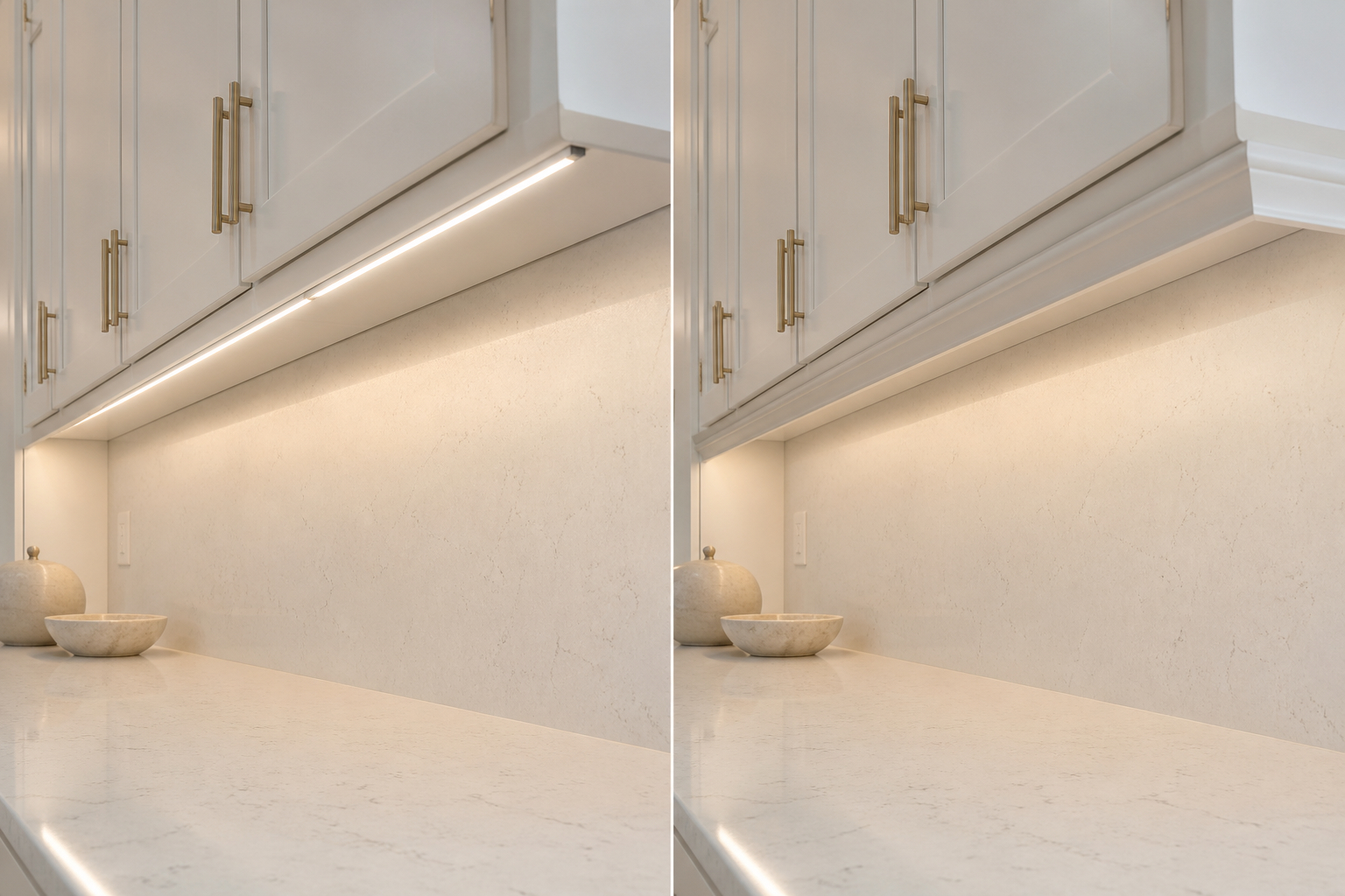 Upper cabinet without lower trim beside the same cabinet fitted with a light rail