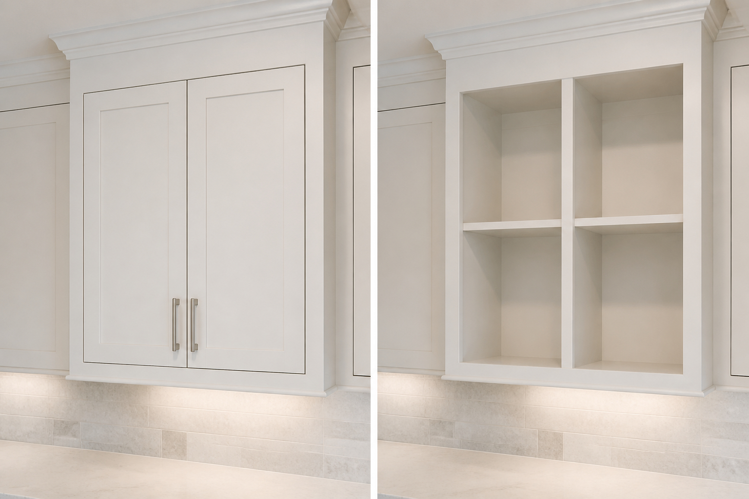 Closed upper cabinet beside the same cabinet converted to finished open storage