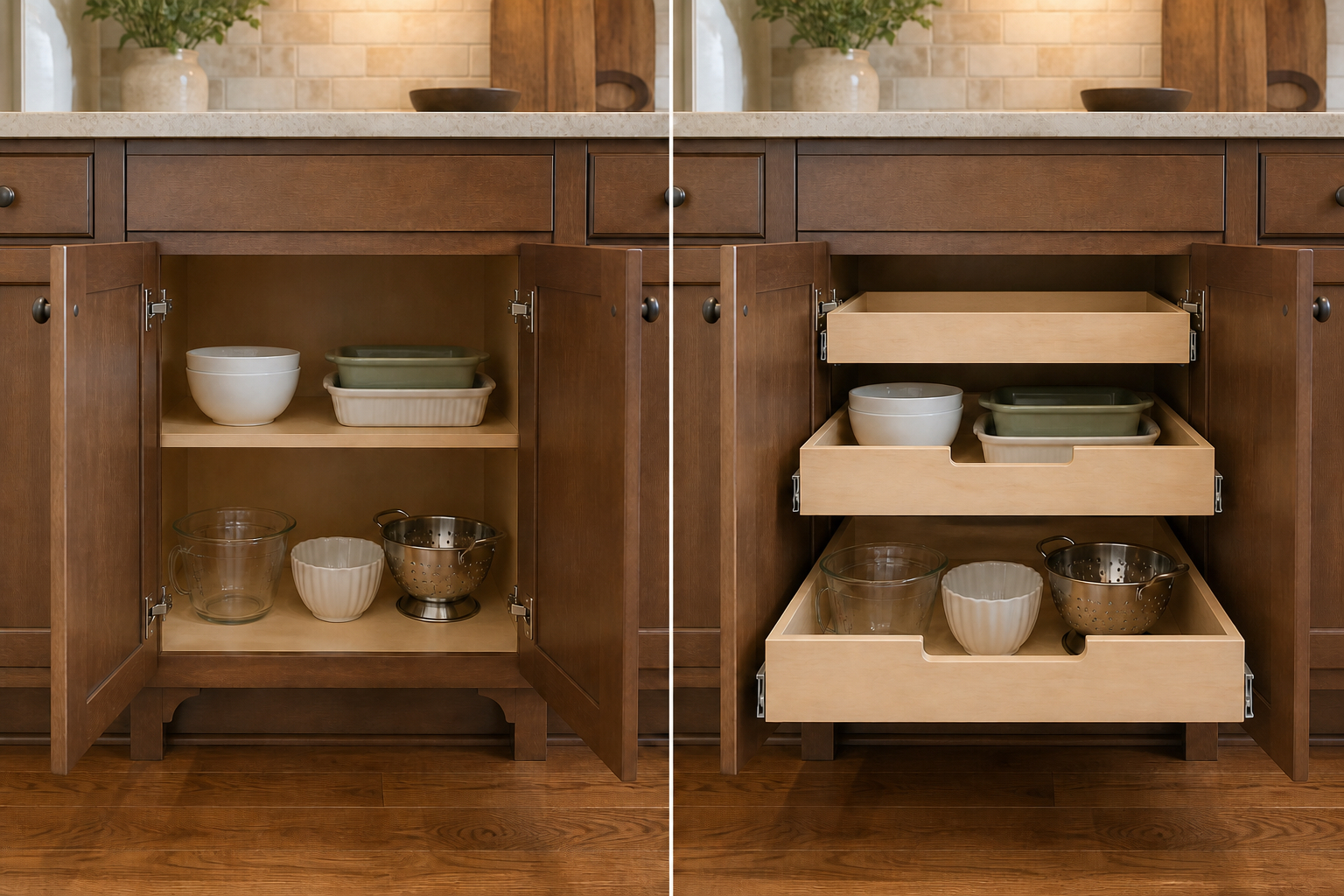 Pull-out cabinet drawers and built-in storage modification options
