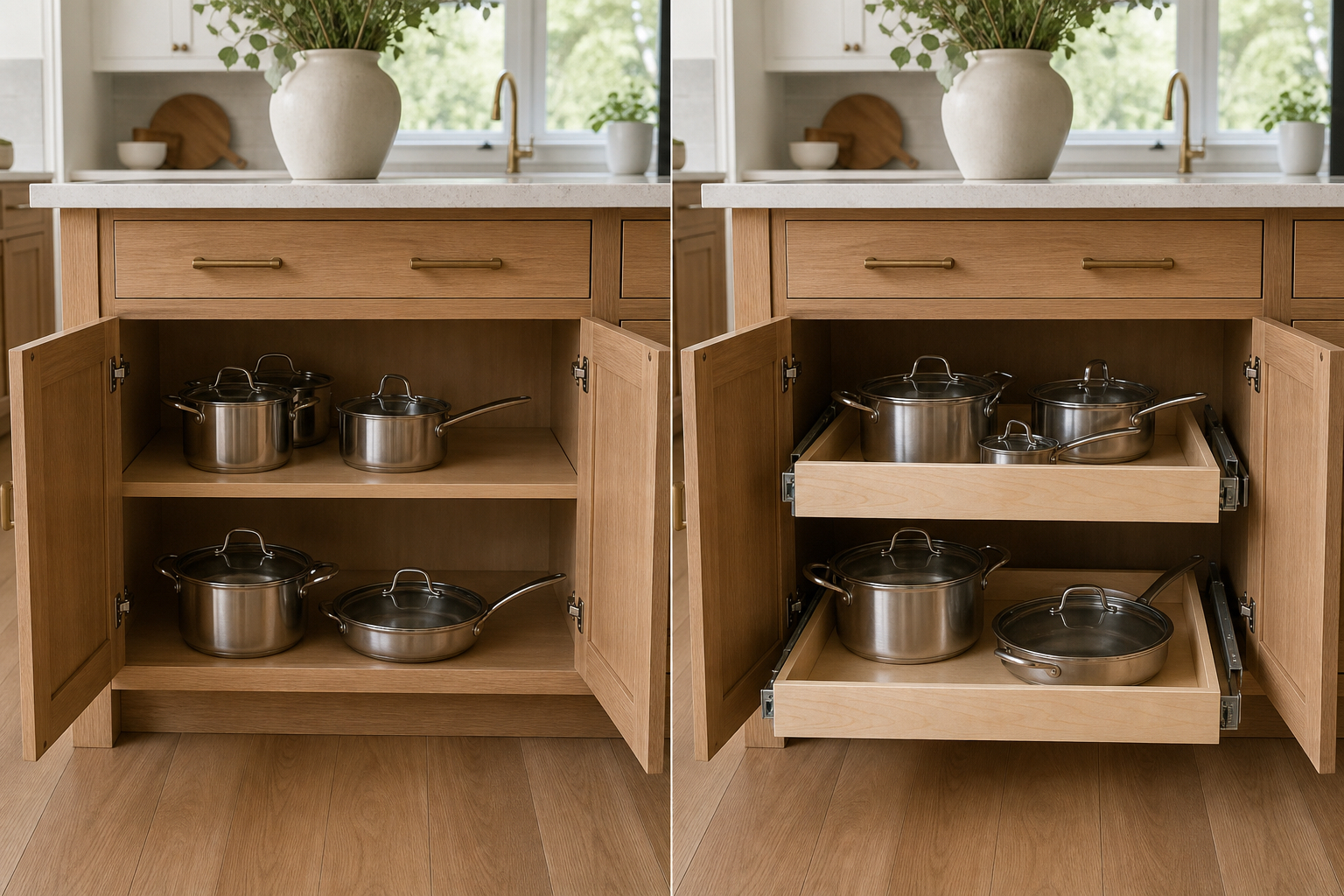 Pull-out cabinet shelves installed for easier storage access