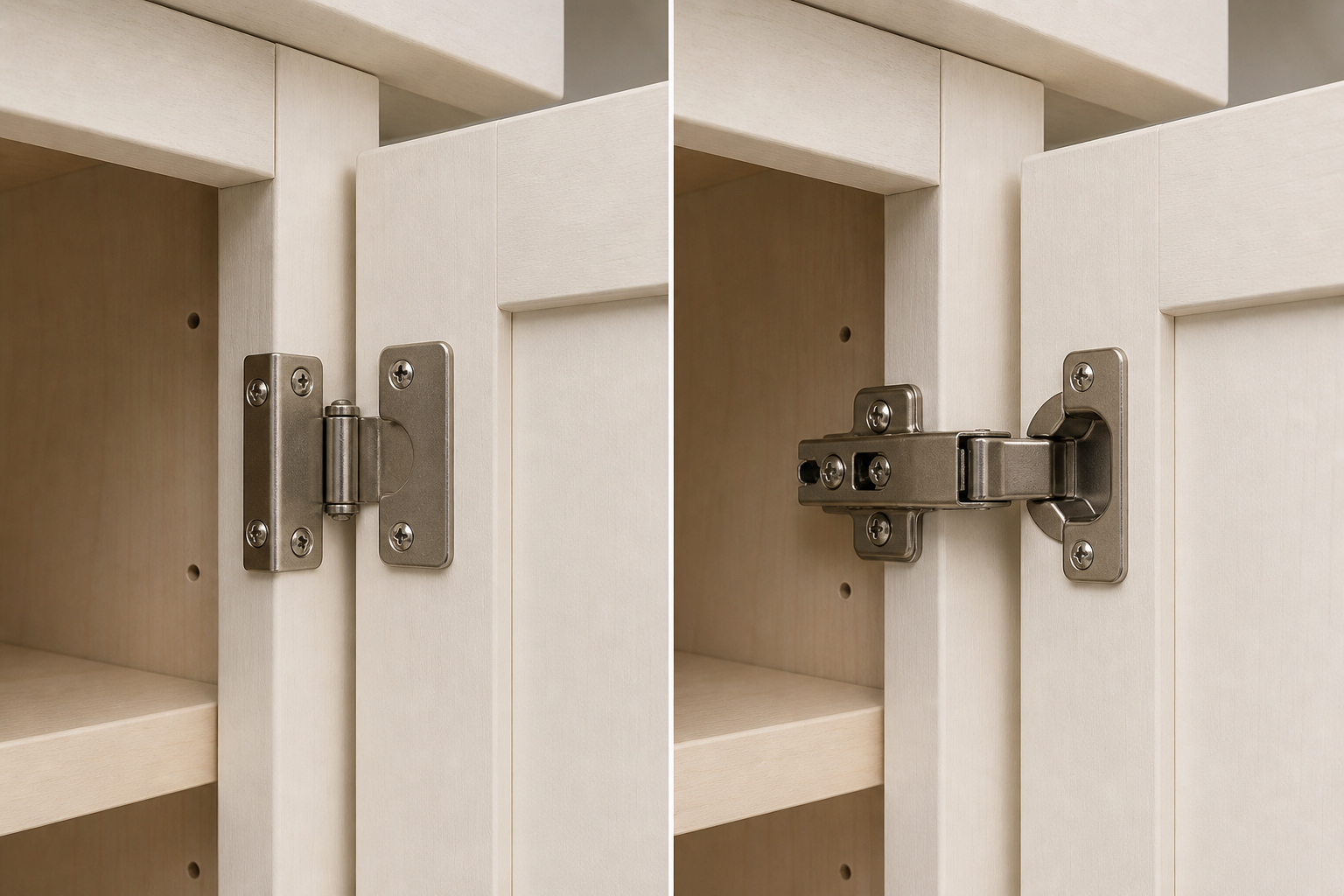 Standard cabinet hinge beside a concealed soft-close hinge fitted to the same door style