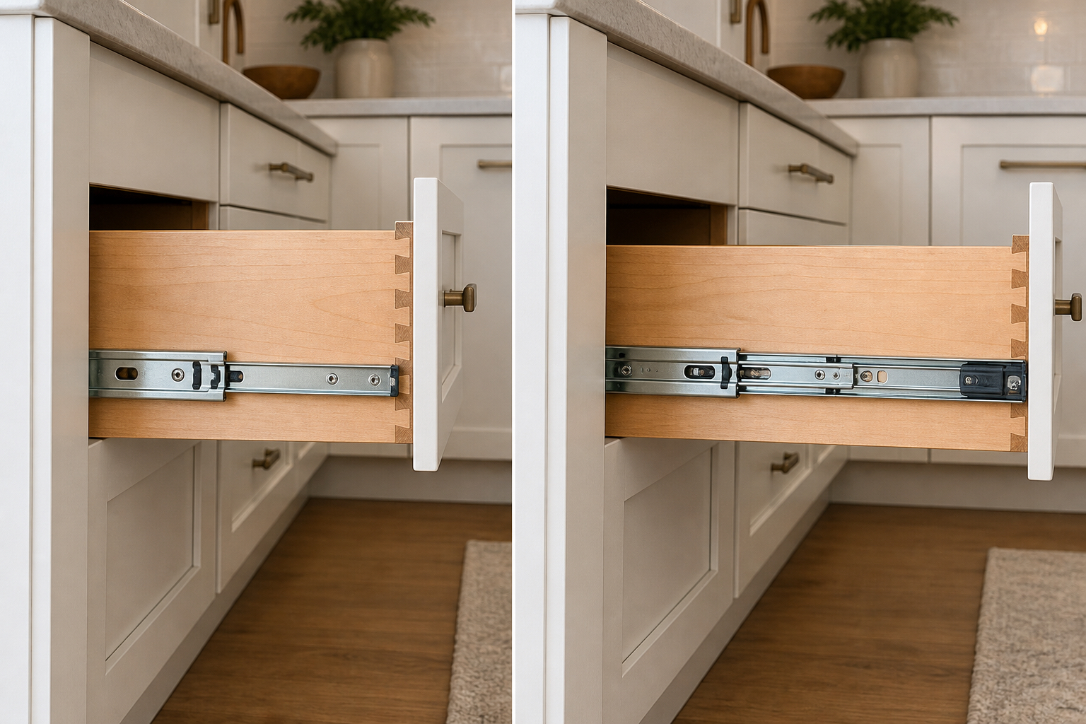 Drawer with a dated partial-extension slide beside the same drawer fitted with a full-extension soft-close slide