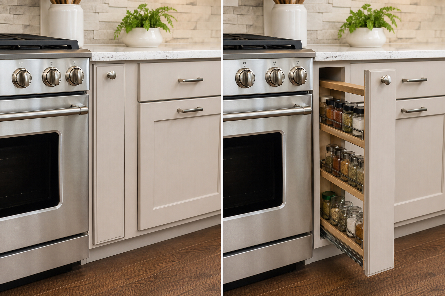 Narrow base cabinet beside the same cabinet fitted with a vertical spice pull-out