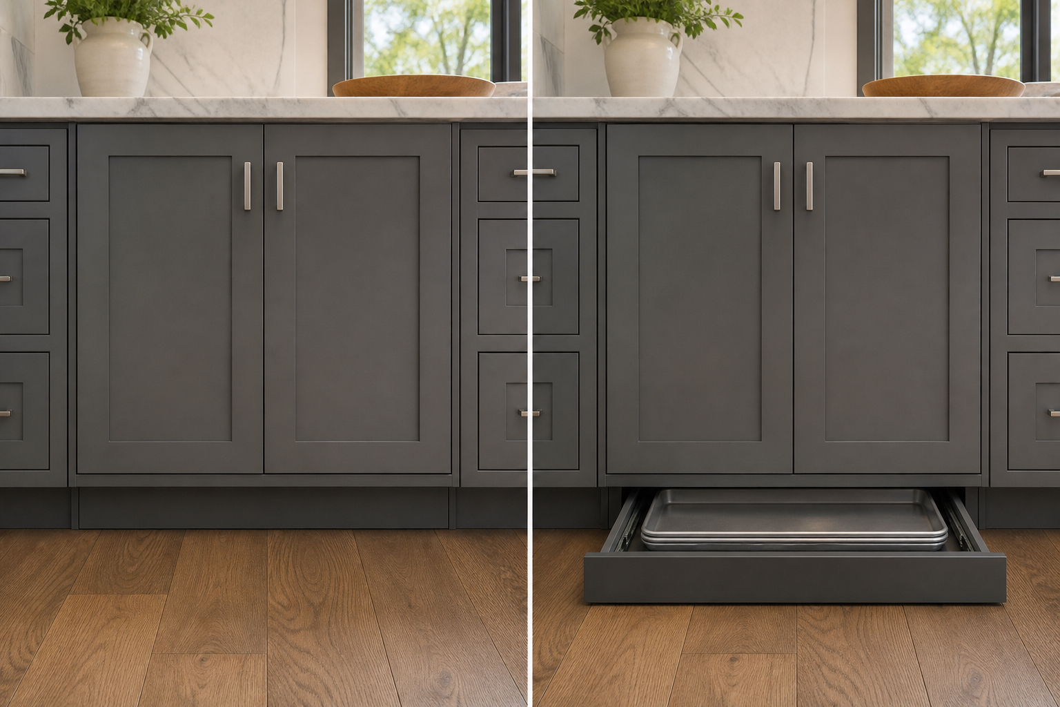 Cabinet toe kick beside the same cabinet run with a shallow storage drawer extended