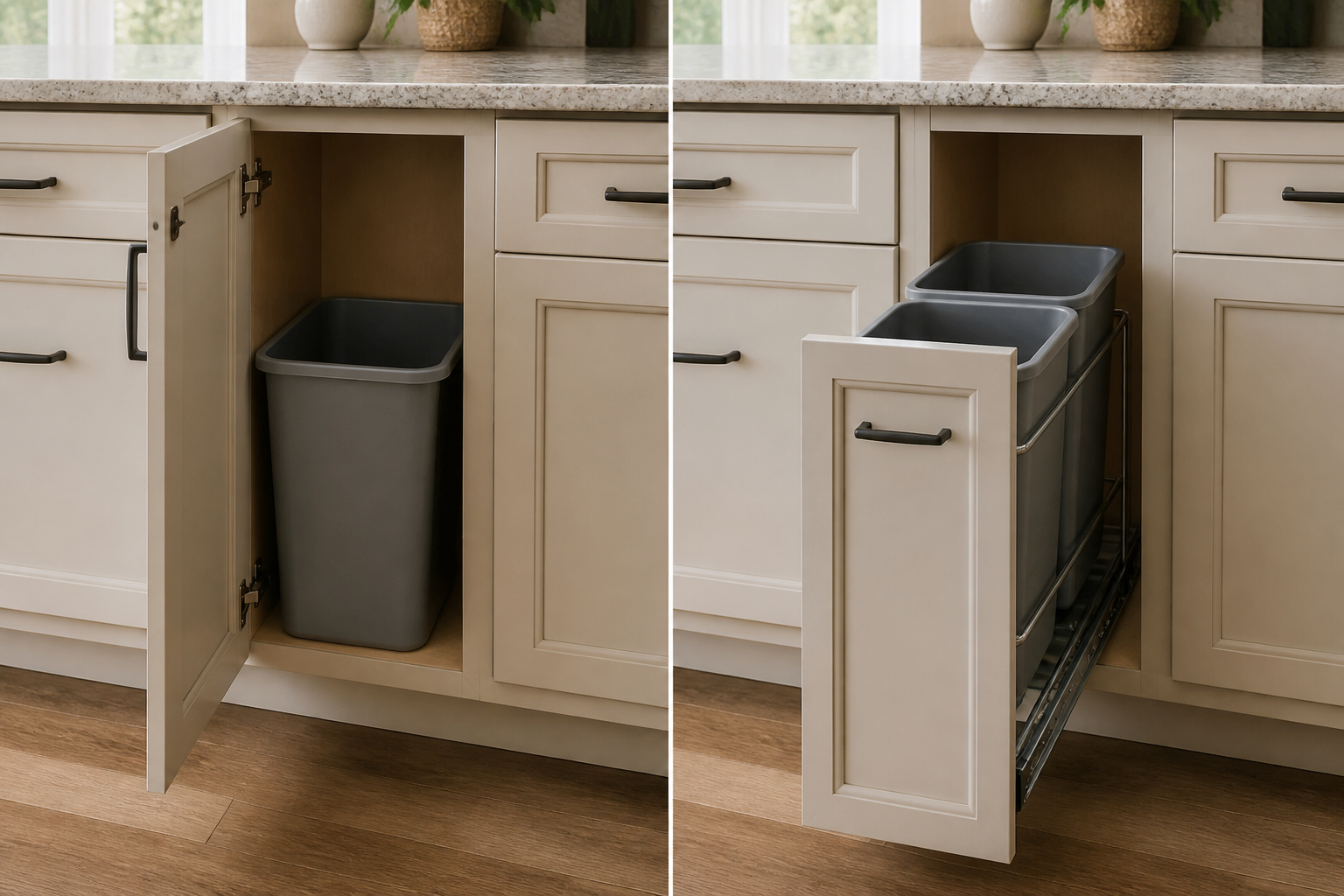 Dedicated base cabinet with a loose bin beside the same cabinet fitted with a dual-bin pull-out