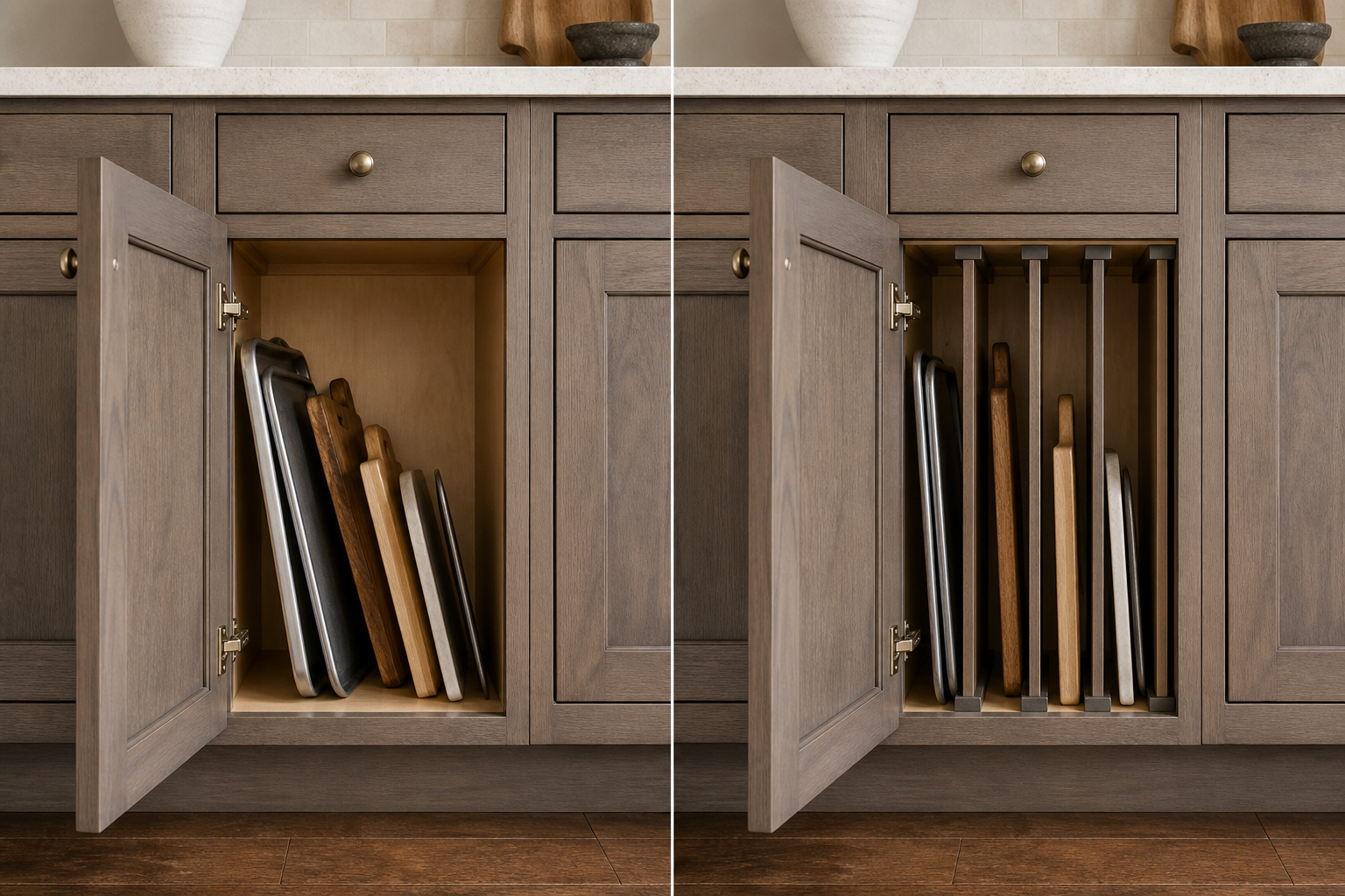 Cabinet with loosely stacked trays beside the same cabinet fitted with vertical dividers