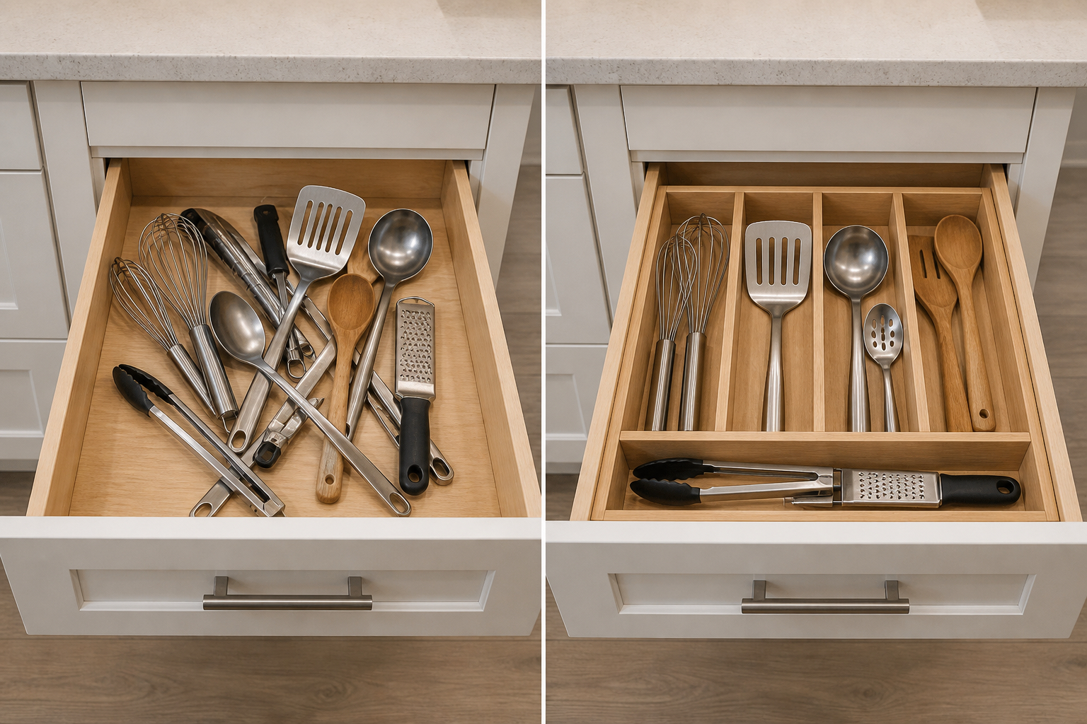 Drawer with loose utensils beside the same drawer fitted with a hardwood organizer