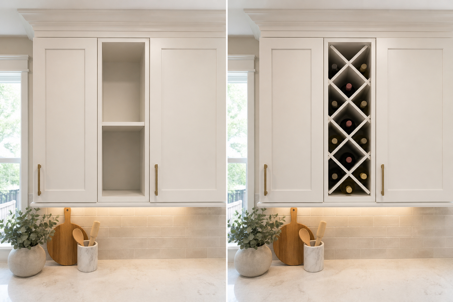 Narrow cabinet opening beside the same opening fitted with a supported diagonal wine rack