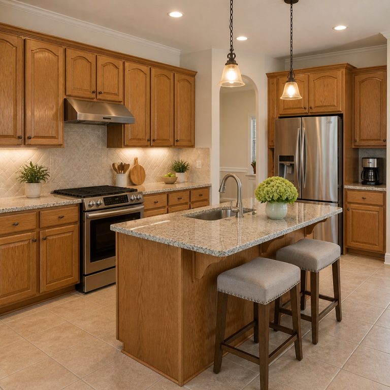 Dated but well-kept builder-grade kitchen cabinets ready for a condition-based update