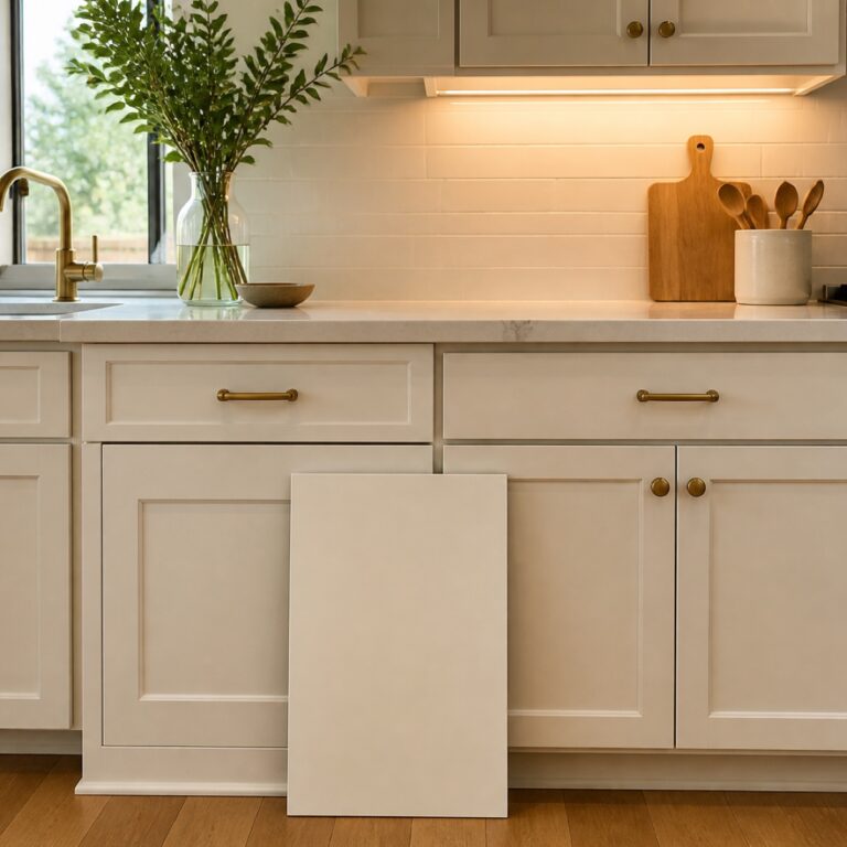 Warm white cabinet color sample viewed beside kitchen cabinets in daylight and warm task lighting