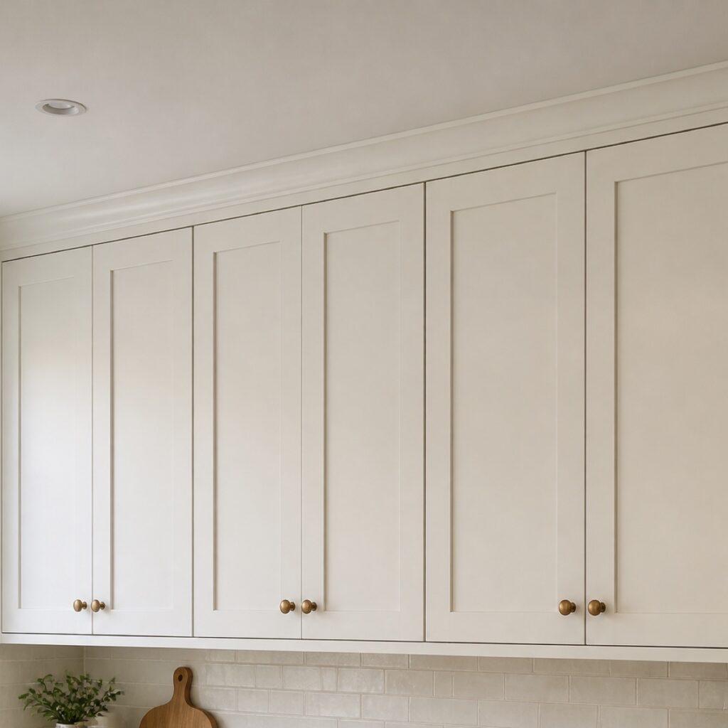 Warm white upper cabinets with fitted crown molding at the ceiling