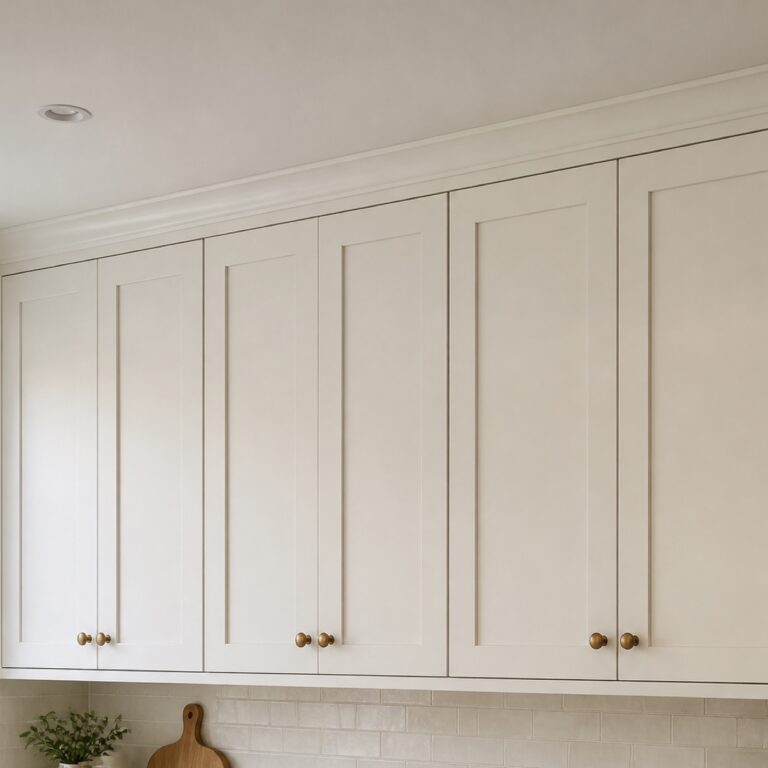 Warm white upper cabinets with fitted crown molding at the ceiling