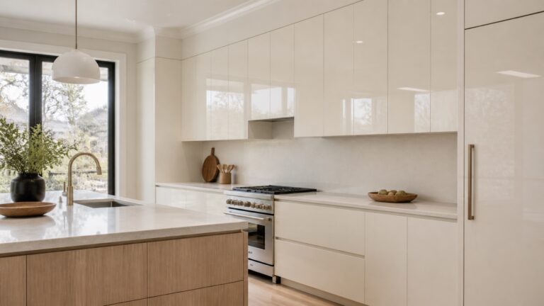 Warm off-white high-gloss kitchen cabinets with subtle reflections and a matte white-oak island
