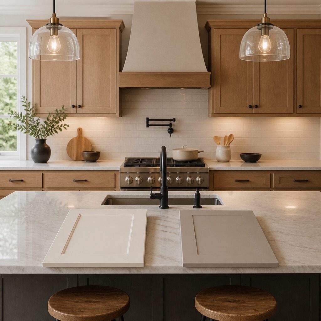 Cabinet door samples in a functional kitchen illustrating painting, refacing, and replacement decisions