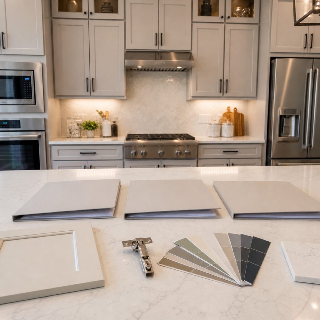 Cabinet door finish and hardware samples arranged on a kitchen island for comparing cabinet quote details
