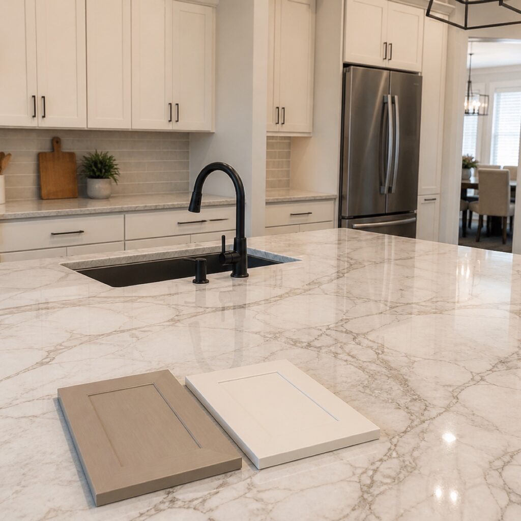 Warm white Shaker cabinets beside a veined stone countertop with cabinet color samples