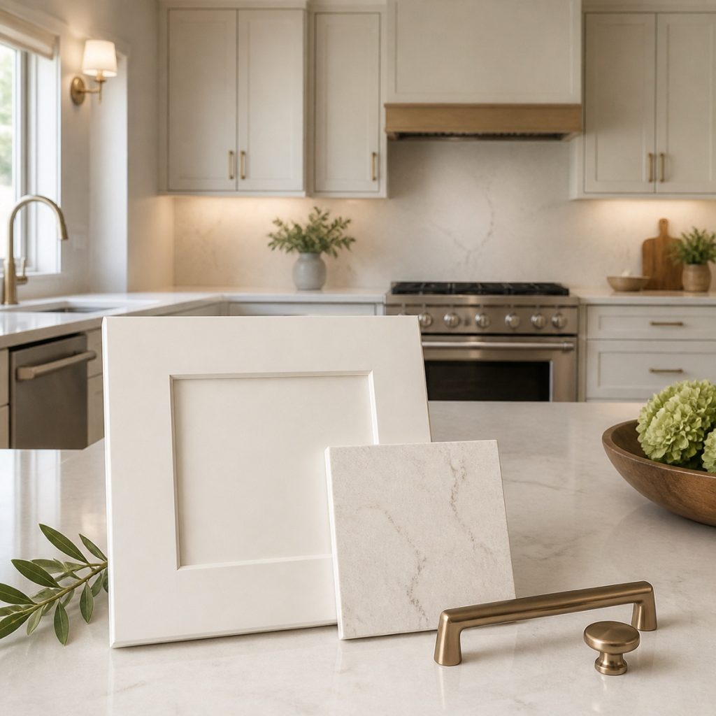 Warm white kitchen cabinets coordinated with light stone countertops and brass hardware