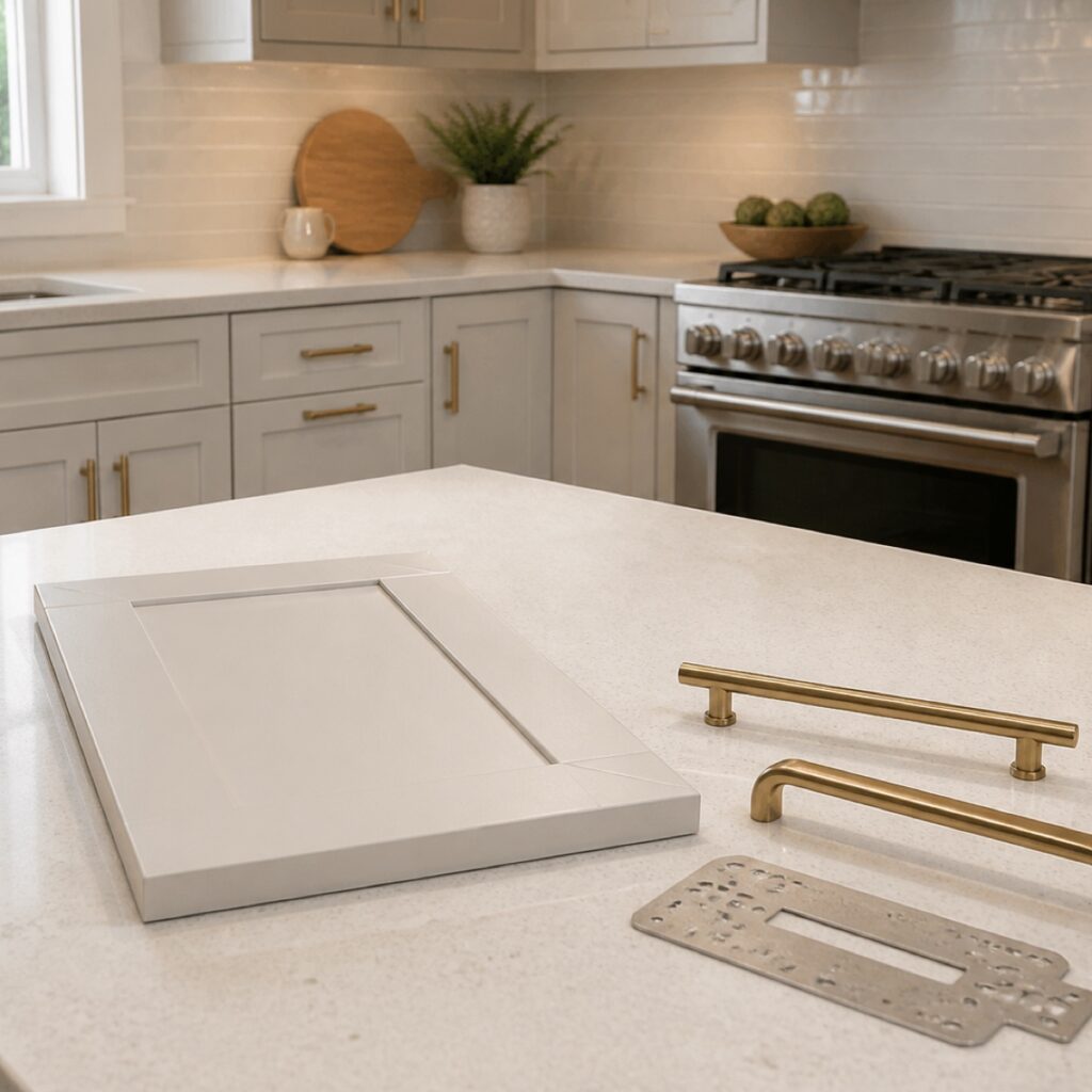 White cabinet door with brass hardware options prepared for a cabinet refinishing plan