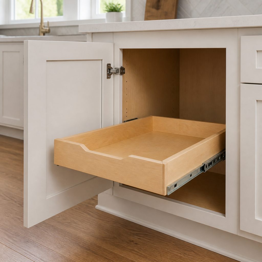 Warm white Shaker cabinet with an open door and rollout tray showing proper hinge clearance