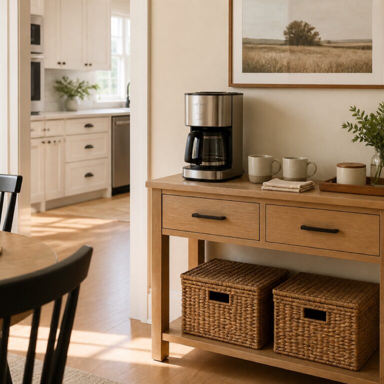 A temporary coffee station in a dining area beside a bright kitchen