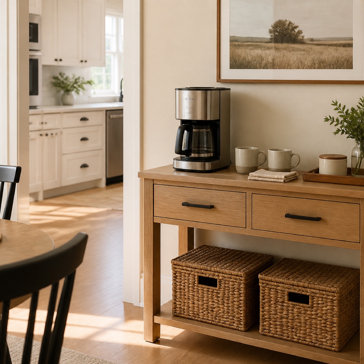 A temporary coffee station in a dining area beside a bright kitchen