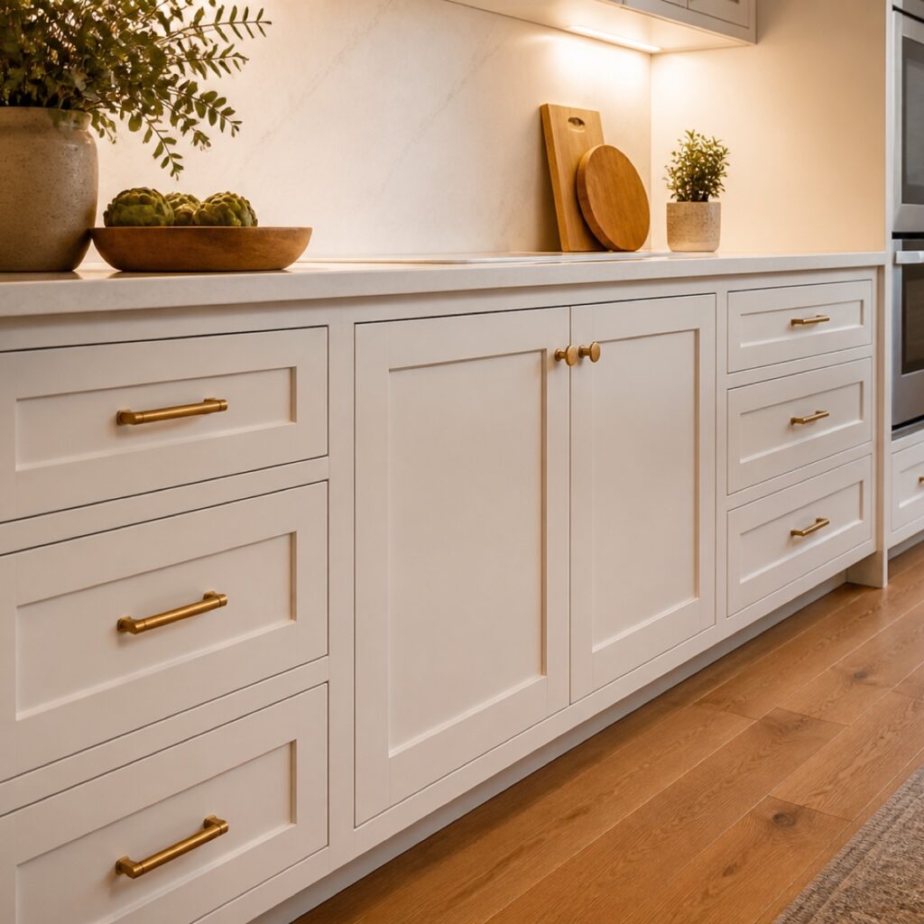 Warm white inset shaker kitchen cabinets with quartz counters and brushed brass hardware