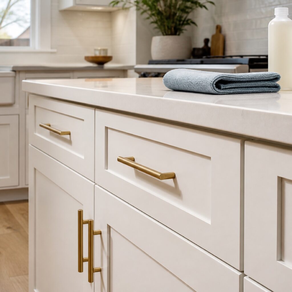Freshly refinished white kitchen cabinets with a soft cleaning cloth nearby