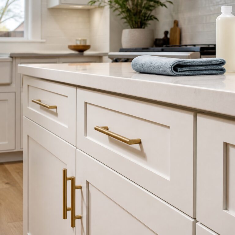 Freshly refinished white kitchen cabinets with a soft cleaning cloth nearby