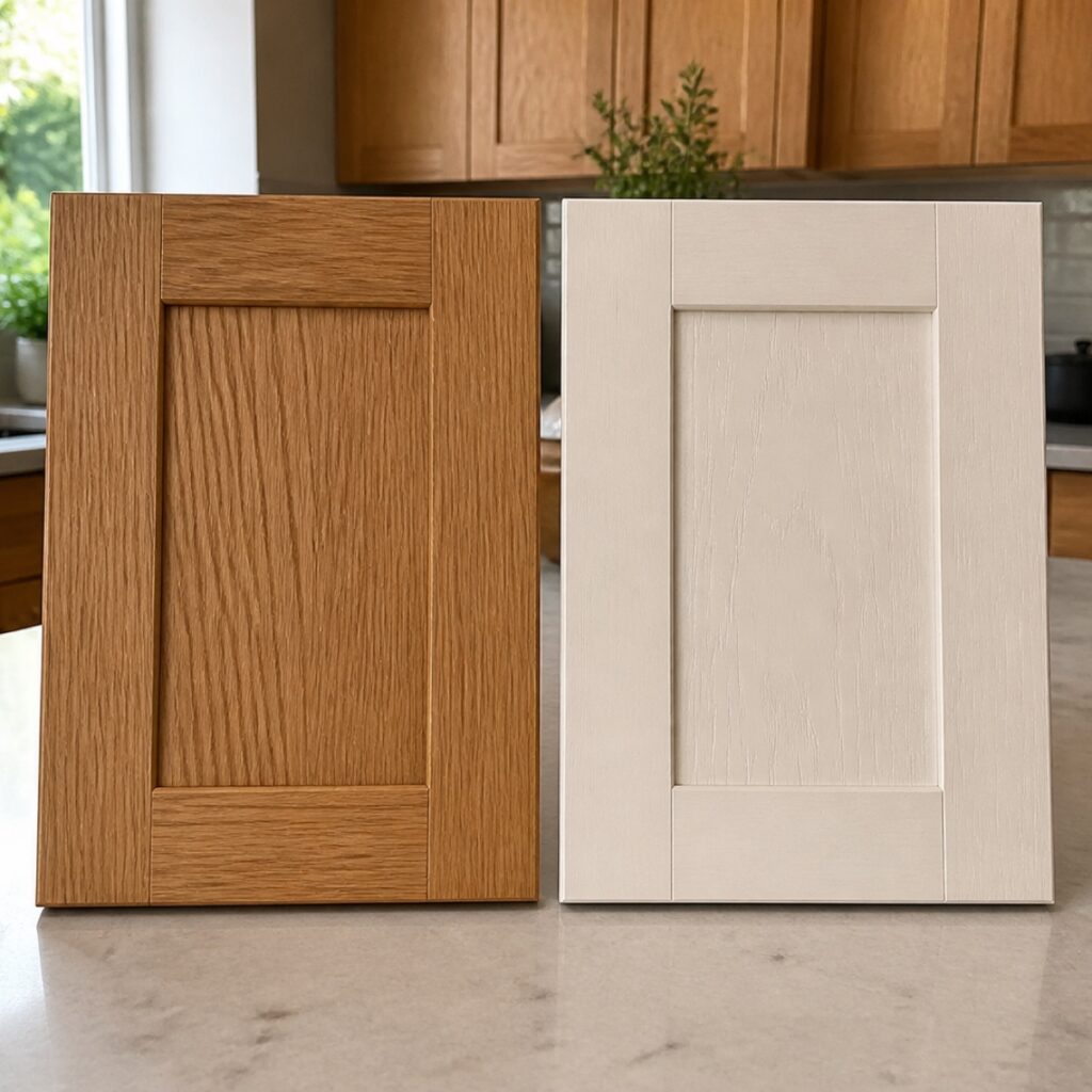 Natural oak cabinet door beside a warm-white painted oak door showing subtle wood grain
