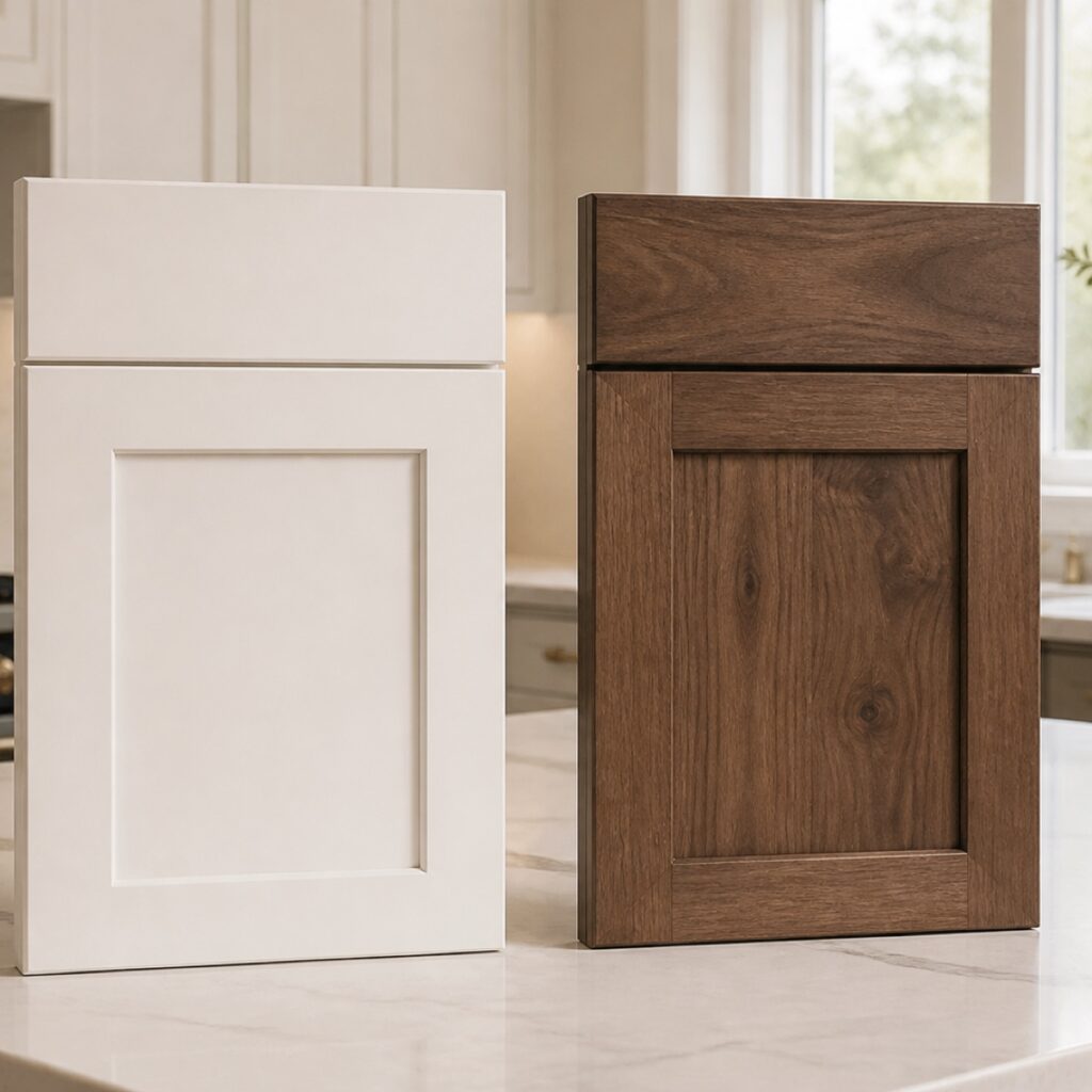 Painted white cabinet door beside a stained wood cabinet door for comparing finish character