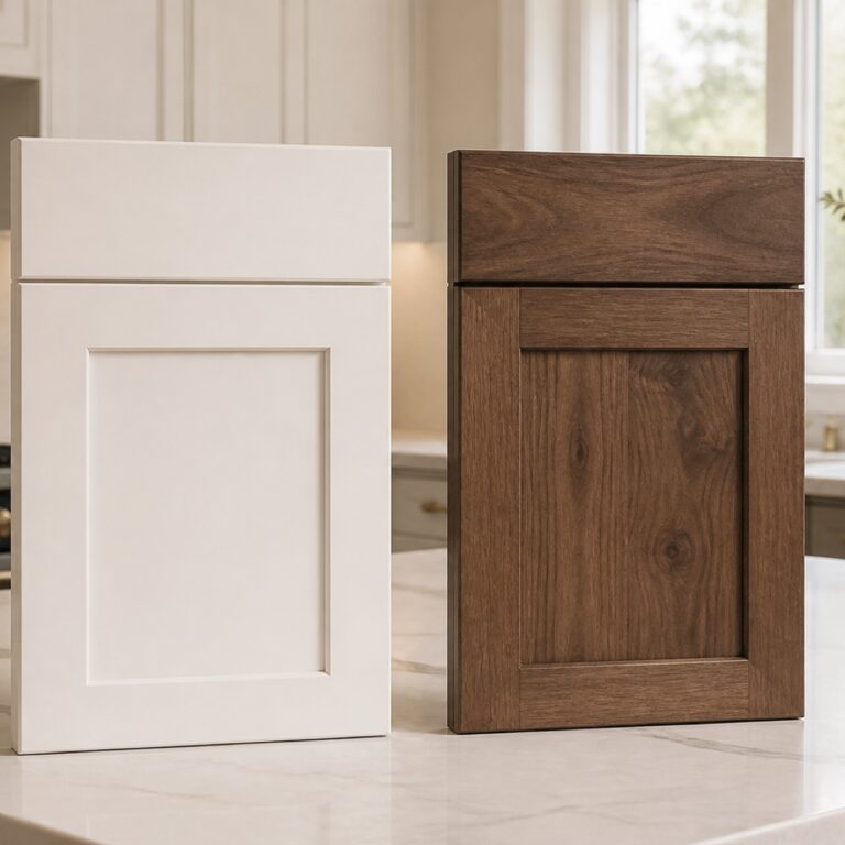 Painted white cabinet door beside a stained wood cabinet door for comparing finish character
